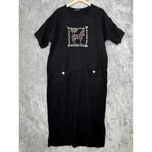 Vintage Linen Dress Womens Large Embroidered Zebra Animal Sun Button Pockets 90s
